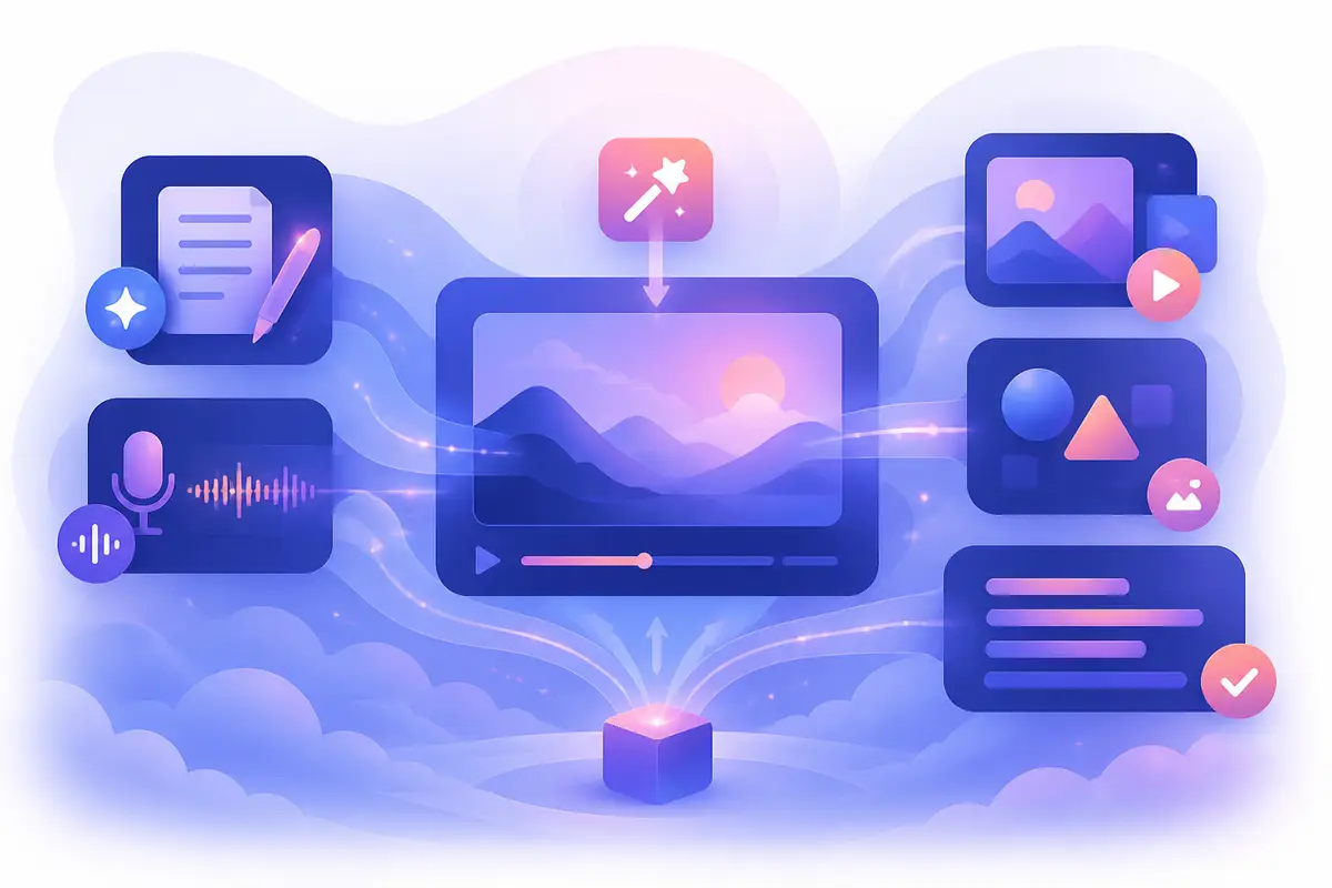 Workflow linking research, scripting, voiceover, visual production, review and publishing.