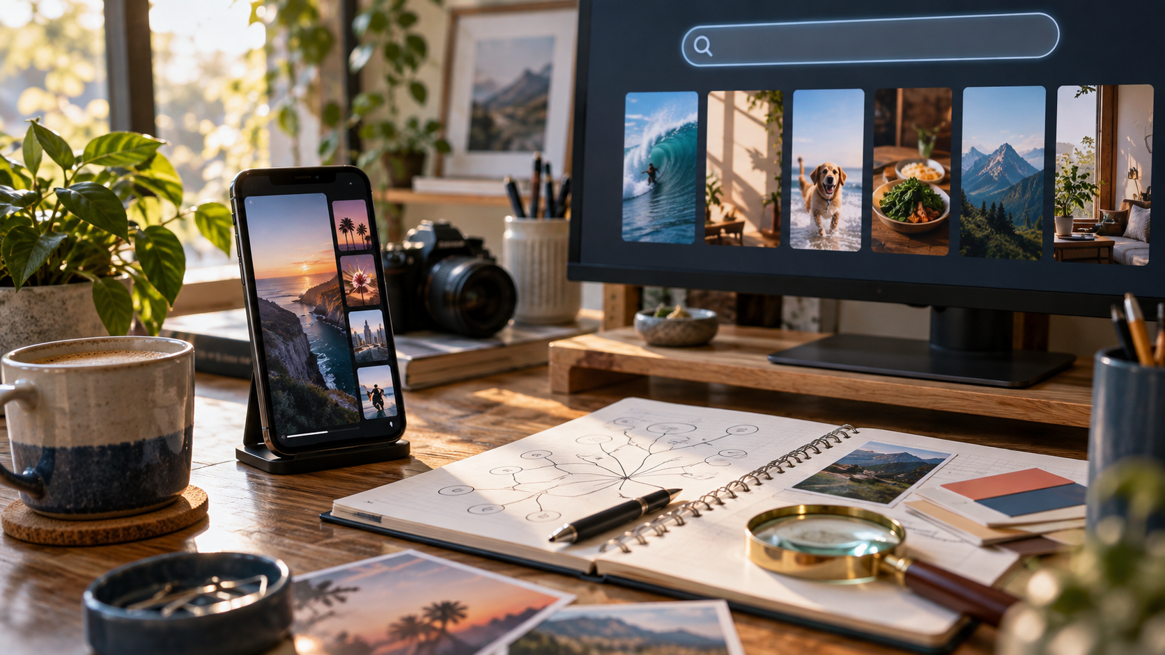 Search-focused Shorts workspace with a phone, keyword map, camera and vertical-video references.