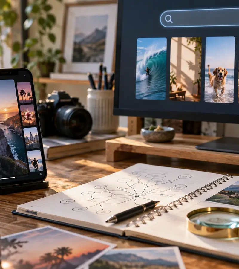 Search-focused Shorts workspace with a phone, keyword map, camera and vertical-video references.