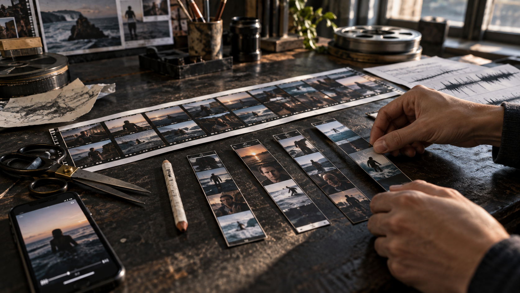 Hands arranging one long contact sheet into several vertical short-video sequences.