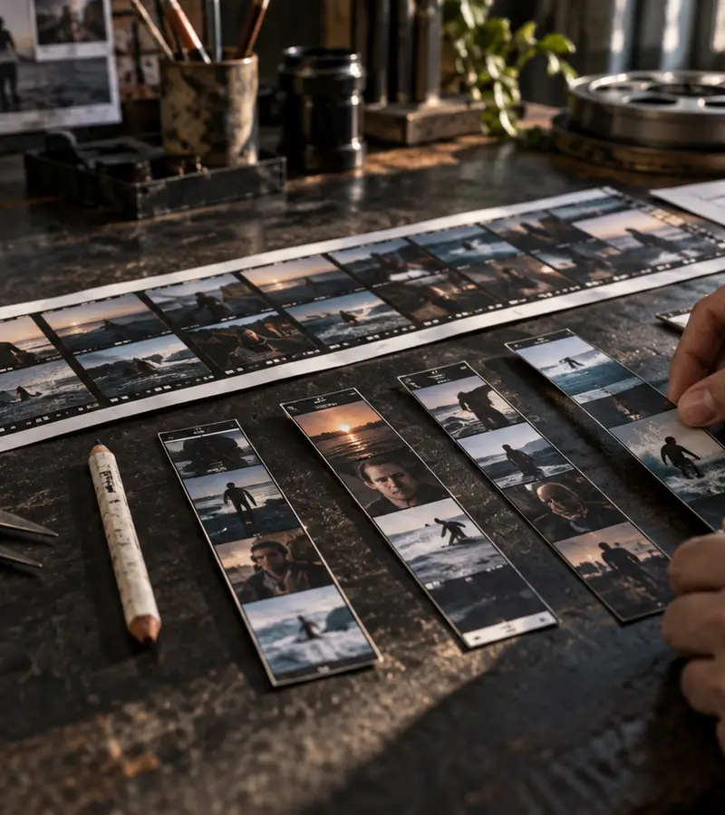 Hands arranging one long contact sheet into several vertical short-video sequences.