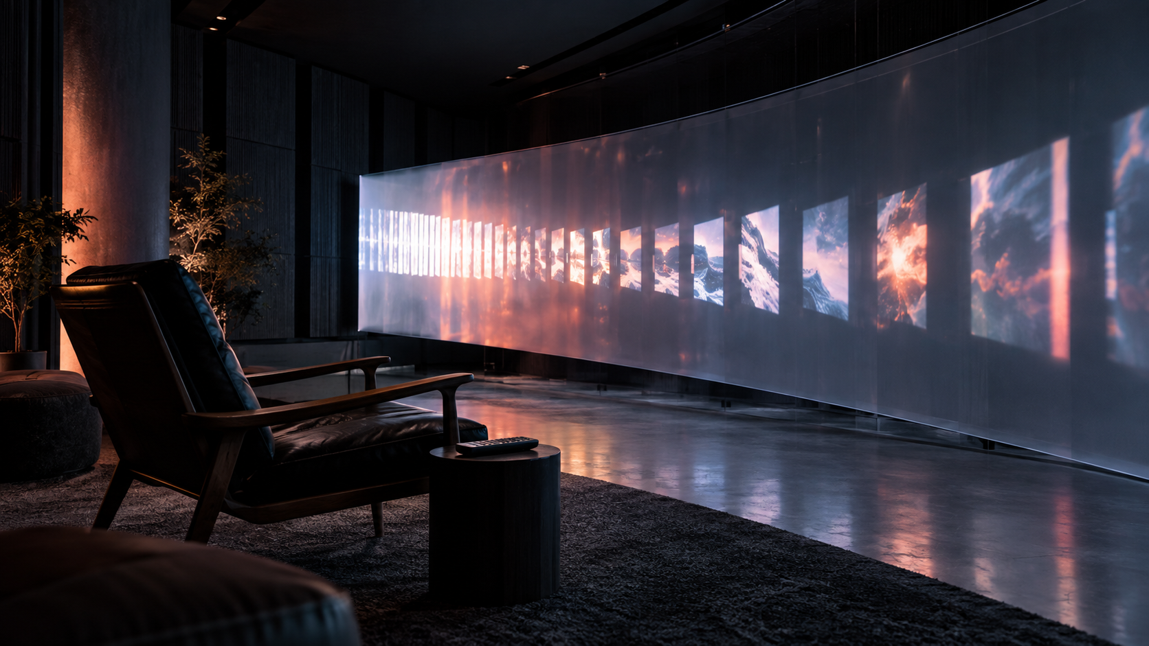 Cinematic screening room with a sequence of projected frames receding across a curved wall.
