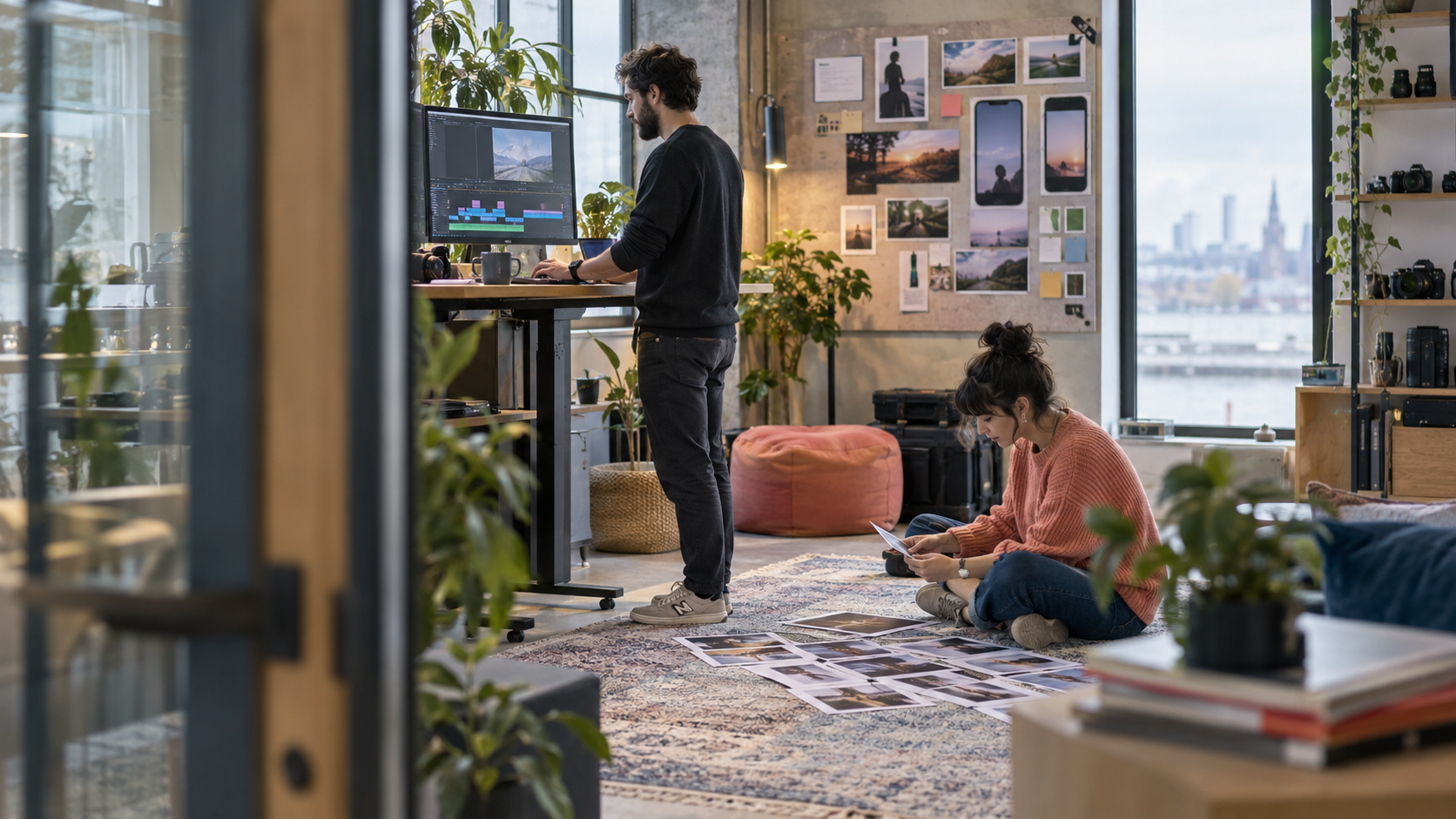 Two creators reviewing vertical-video ideas in a layered modern edit studio.
