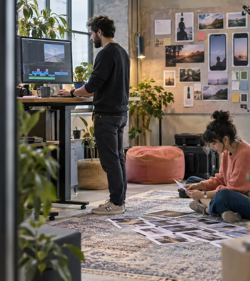 Two creators reviewing vertical-video ideas in a layered modern edit studio.