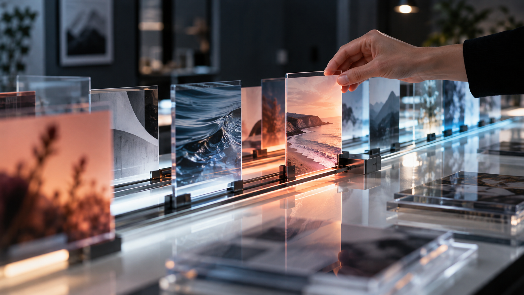 Layered image cards moving through a physical selection system in a contemporary design studio.