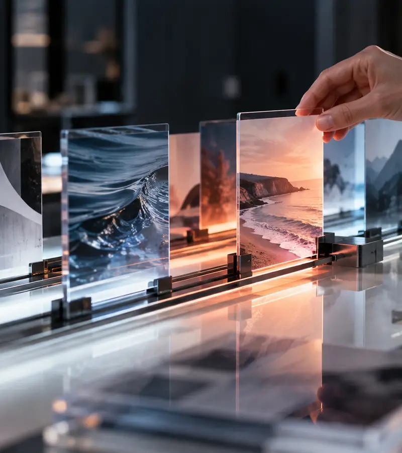 Layered image cards moving through a physical selection system in a contemporary design studio.