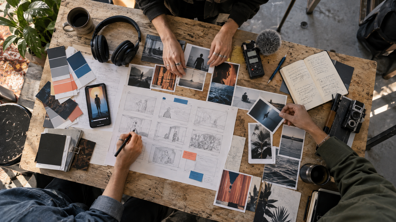 Overhead view of a creative team arranging storyboards, photographs and production tools around a studio table.