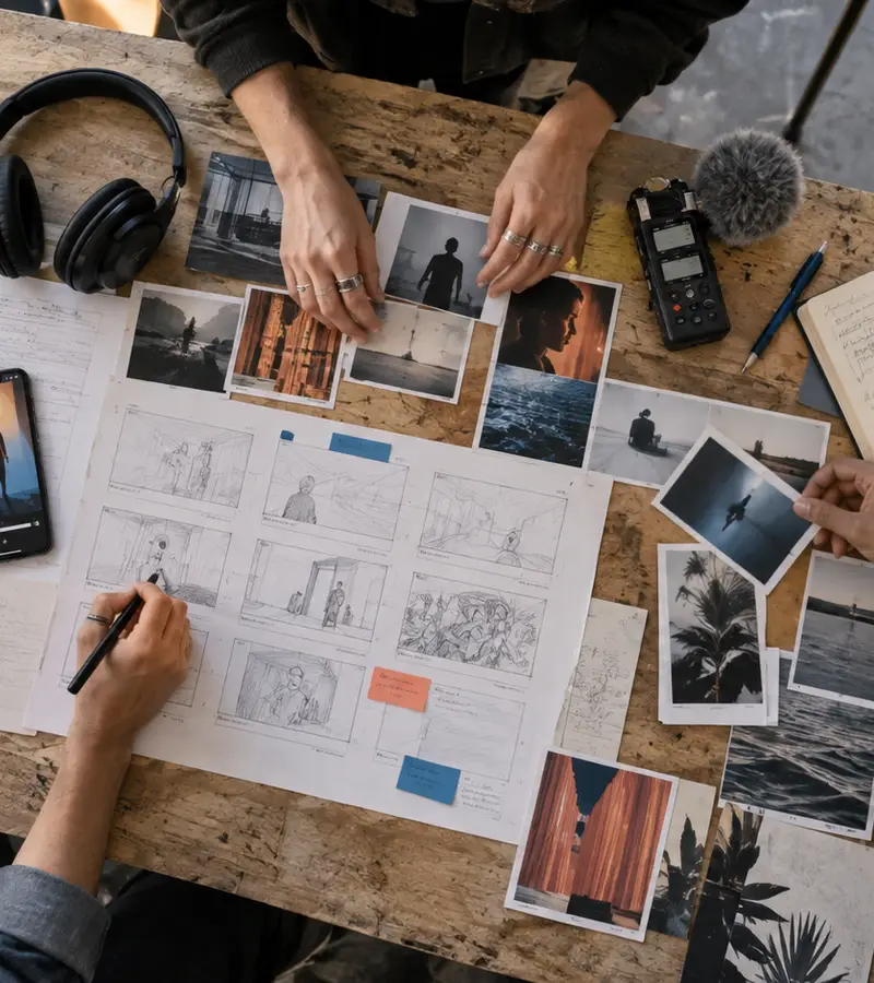 Overhead view of a creative team arranging storyboards, photographs and production tools around a studio table.