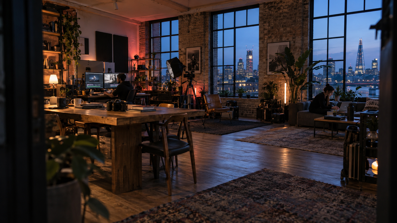 Wide blue-hour view of a characterful London video-production loft with creators working across the studio.