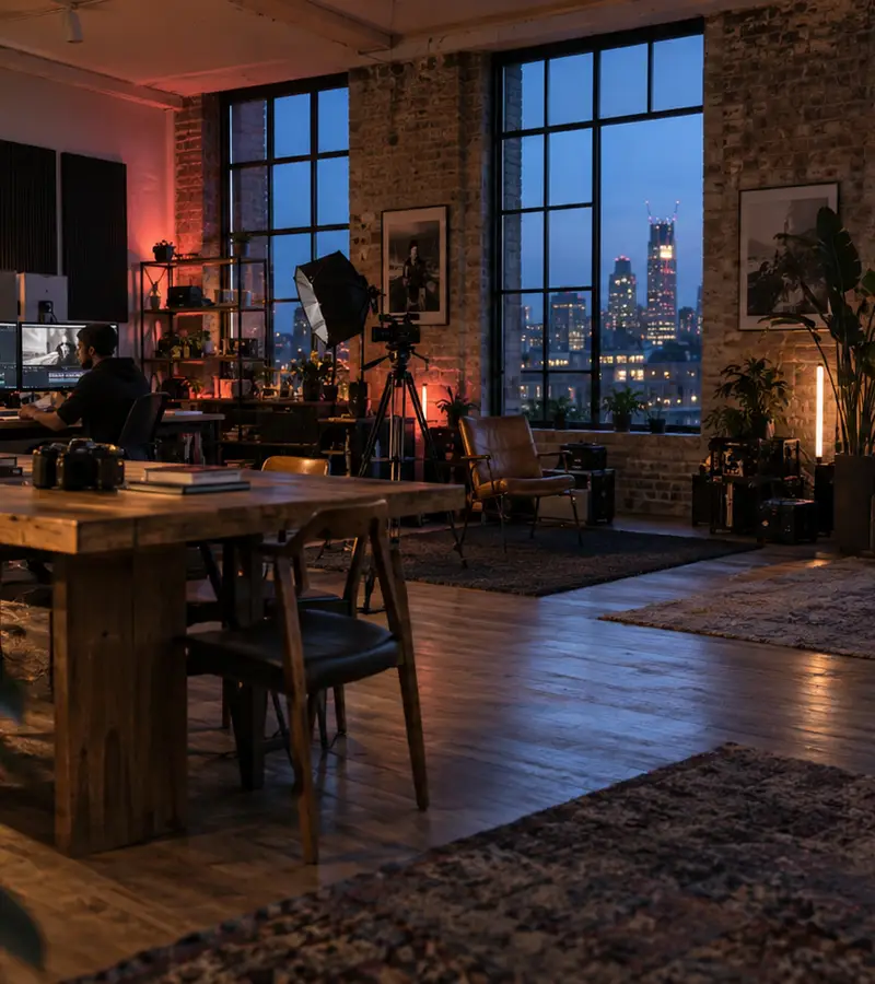 Wide blue-hour view of a characterful London video-production loft with creators working across the studio.