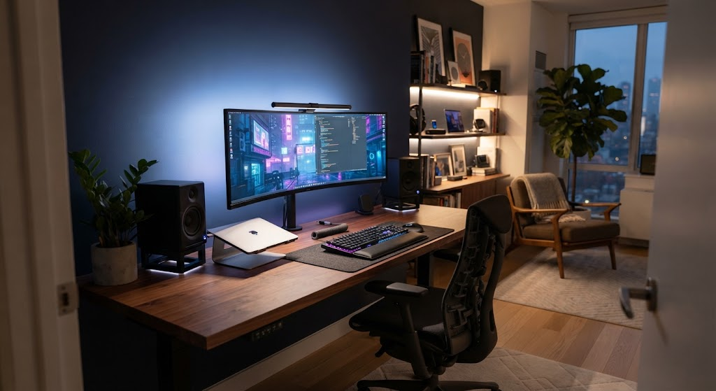 Unoccupied modern home edit suite with a curved monitor, speakers and blue-hour window light.