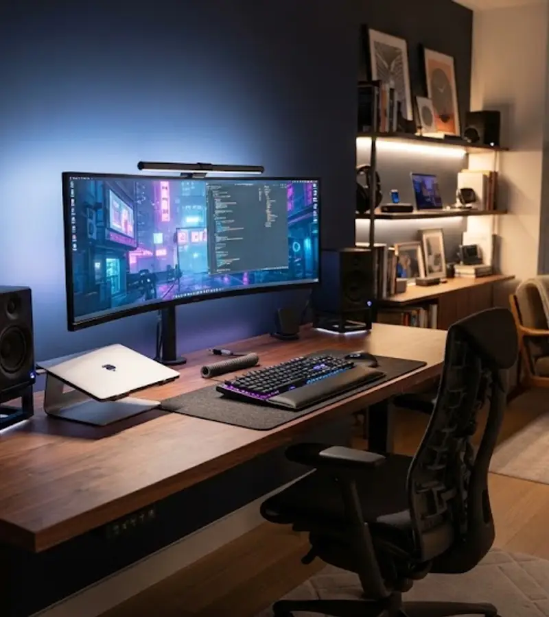 Unoccupied modern home edit suite with a curved monitor, speakers and blue-hour window light.
