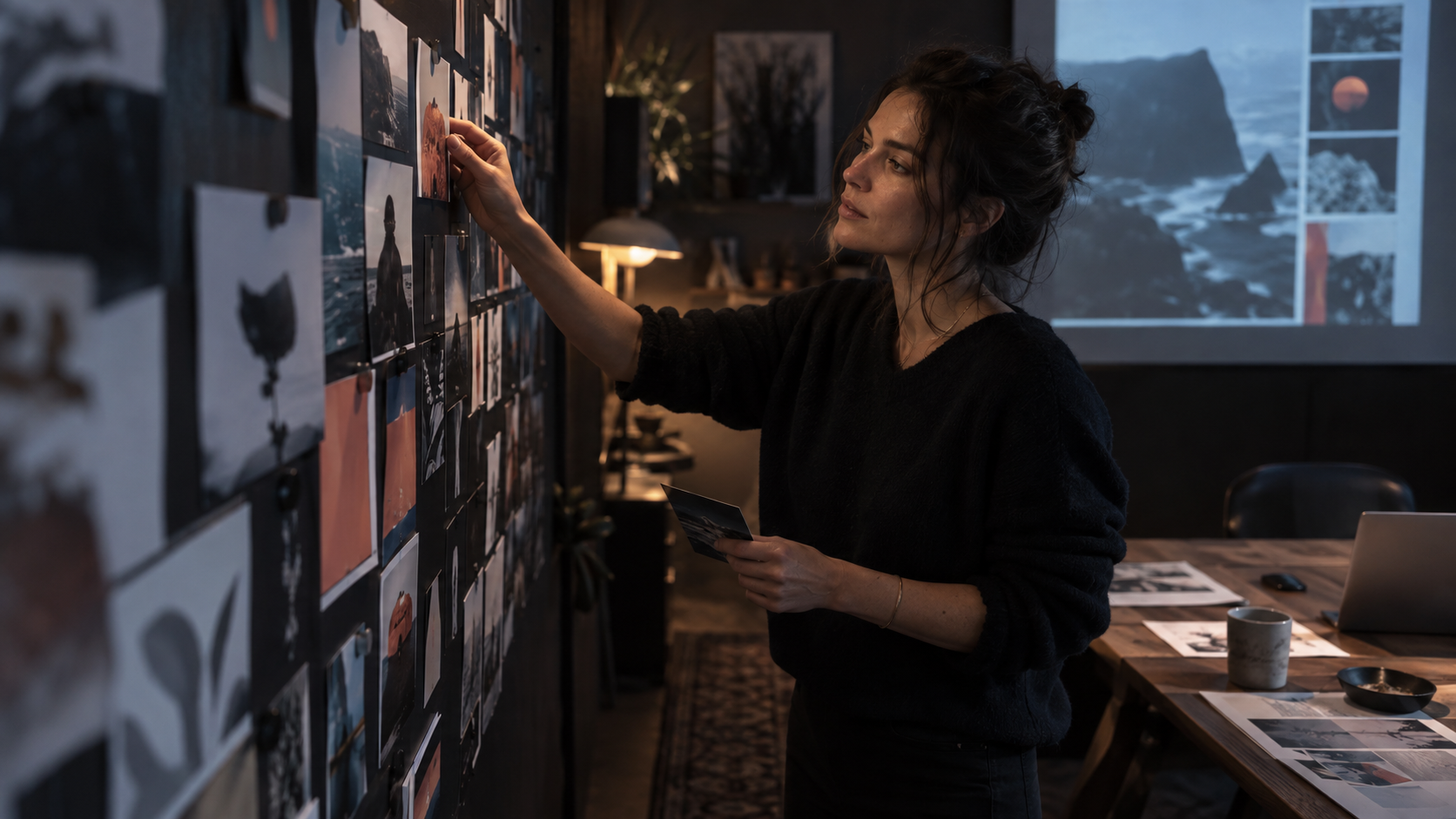 Creative lead reviewing visual concepts on a wall in a dark editorial studio.
