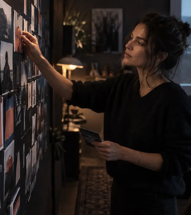 Creative lead reviewing visual concepts on a wall in a dark editorial studio.
