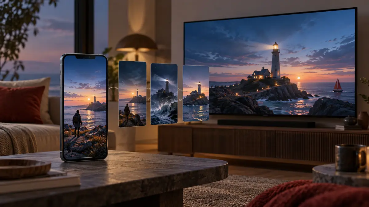 A phone and television show a connected lighthouse story, with three portrait episodes between them.