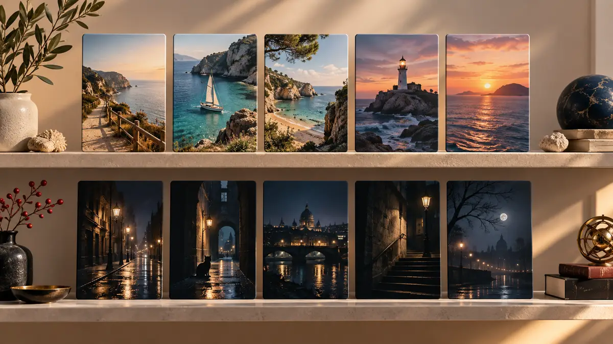 Two shelves group portrait episode cards into a coastal adventure series and a city mystery series.