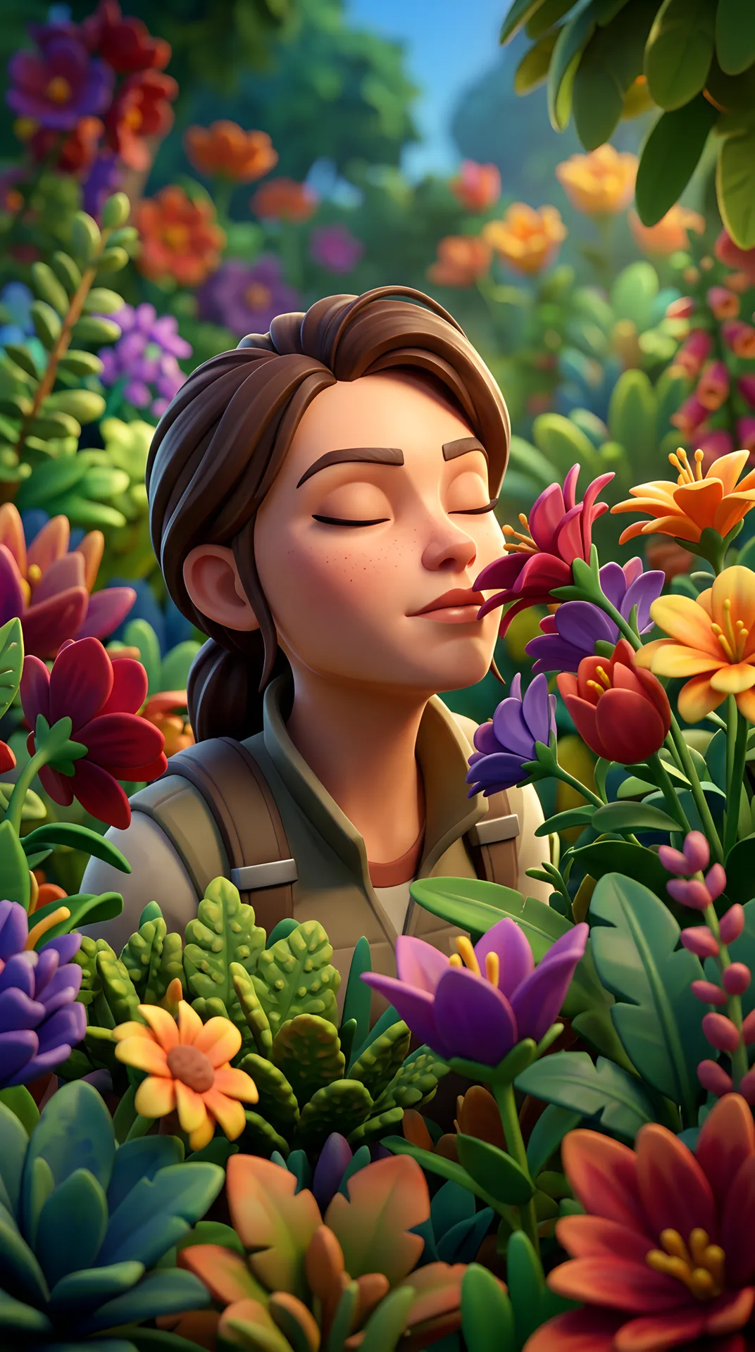 A woman surrounded by colourful flowers and greenery.