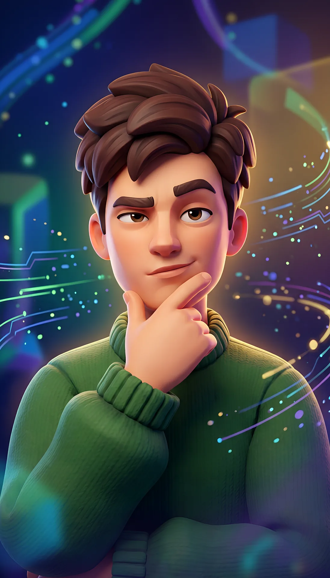 A thoughtful cartoon man against a colourful scientific backdrop.