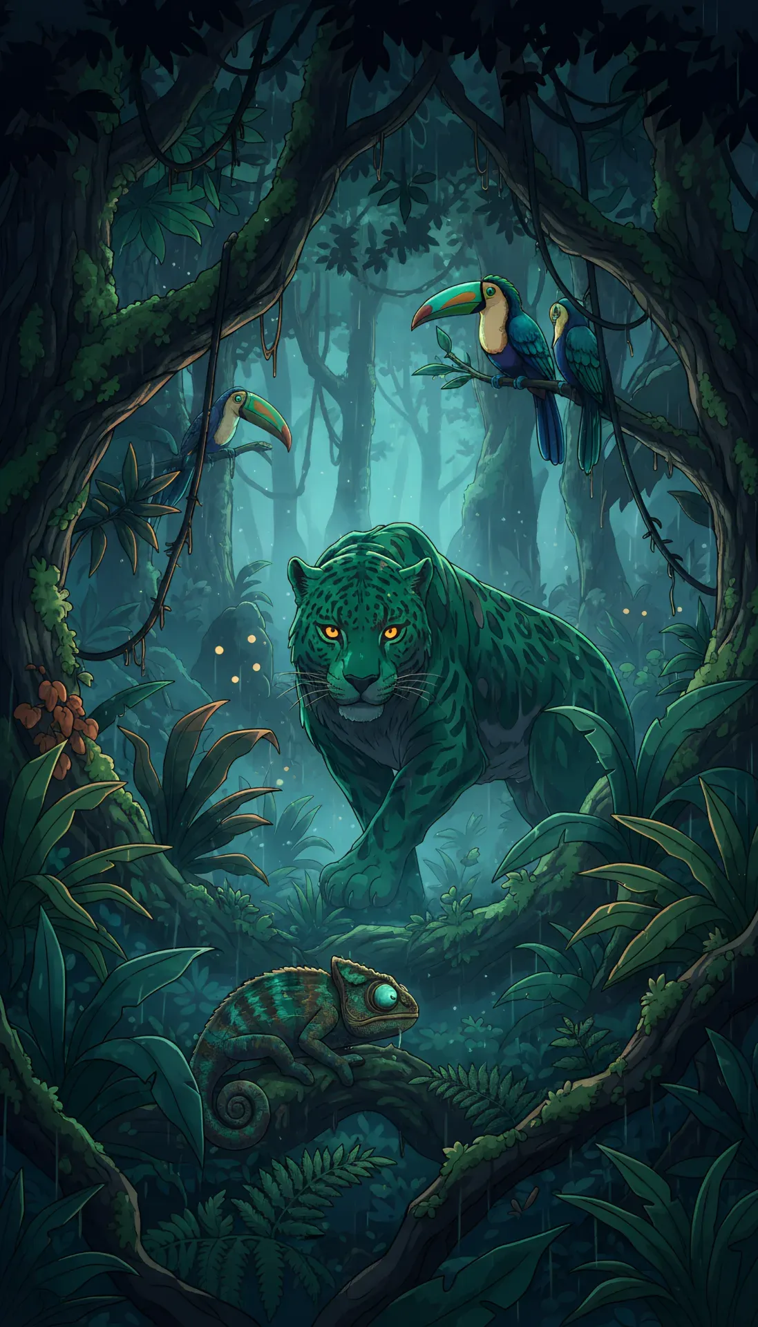 A spotted big cat in a dark, lush jungle.