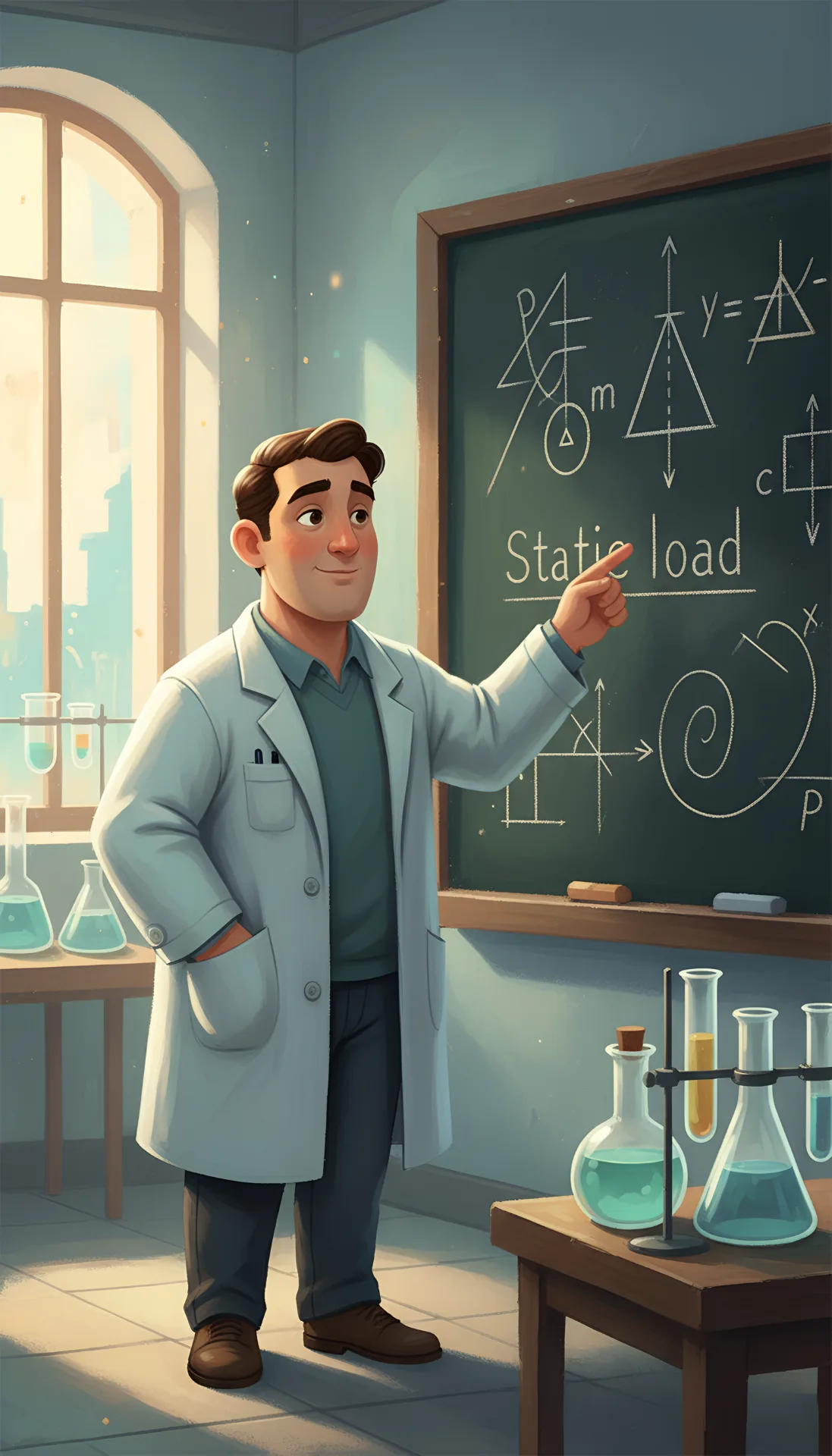 A scientist pointing to a blackboard in a bright laboratory.