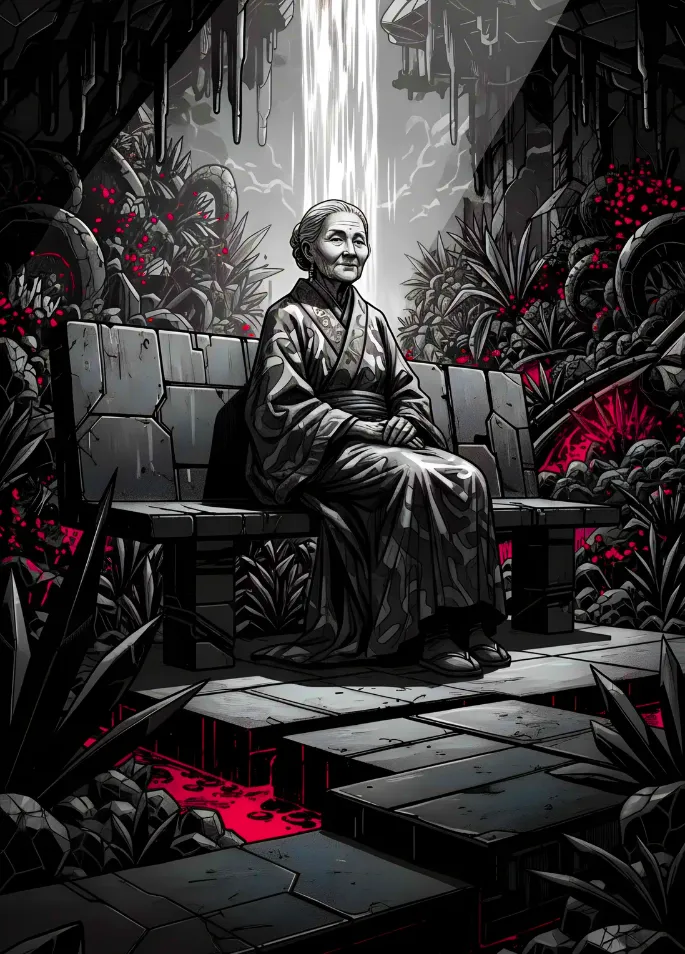 A monochrome seated figure surrounded by red flowers in a ruined city.