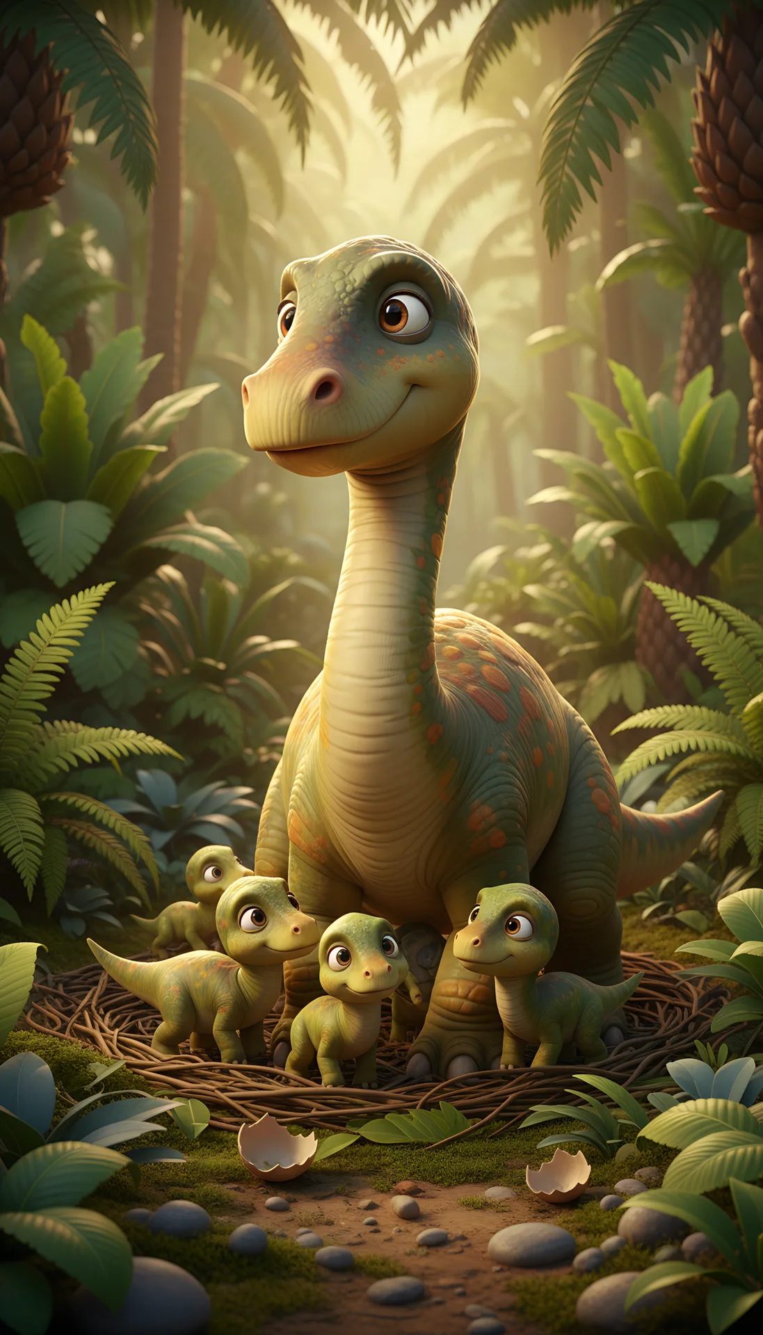 Maiasaura with her hatchlings in a nest, clean opening scene without captions