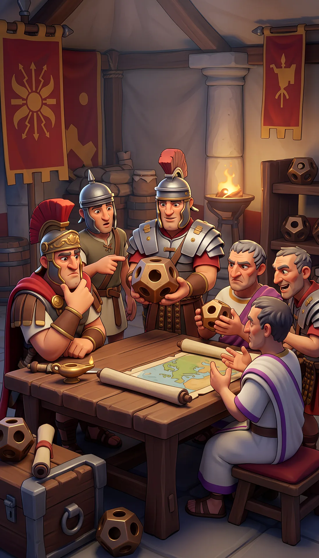 Roman soldiers gathered around a board game.