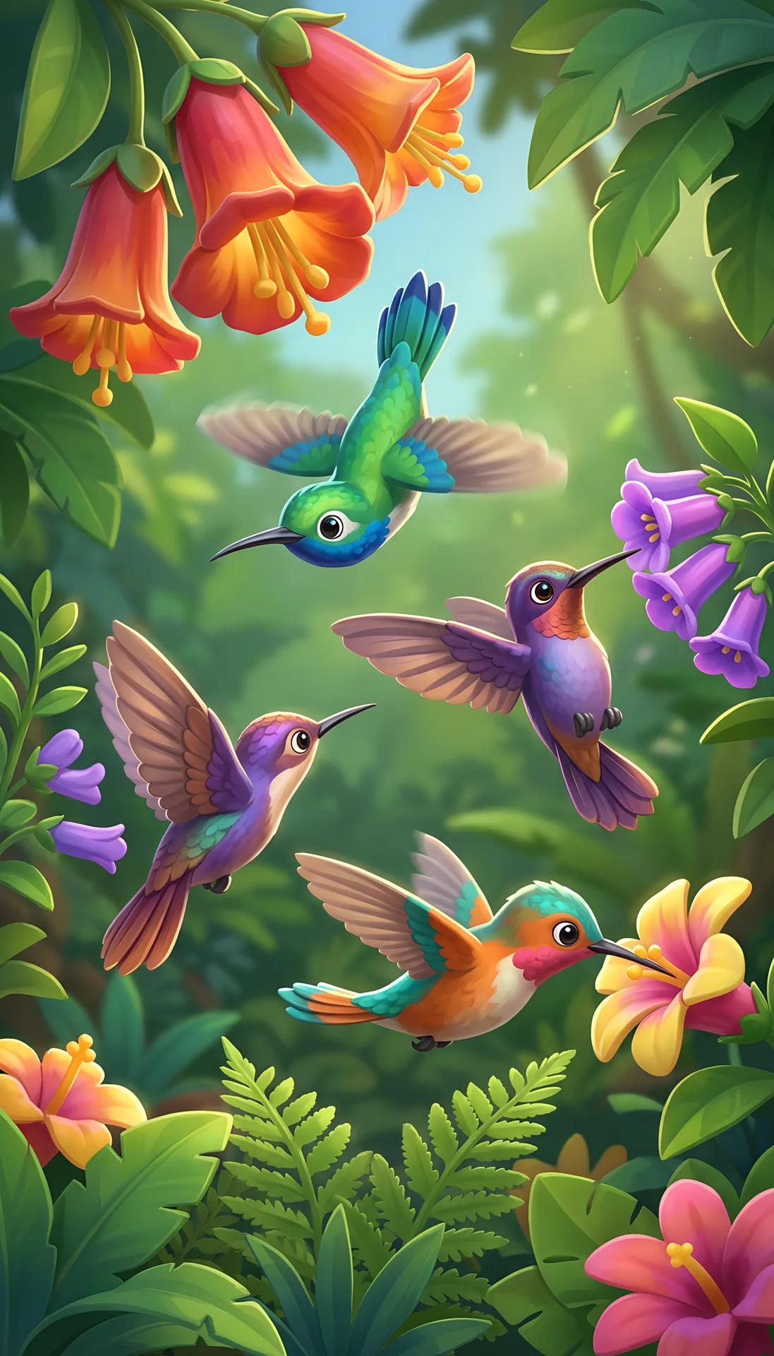 Colourful hummingbirds hovering beside tropical flowers.