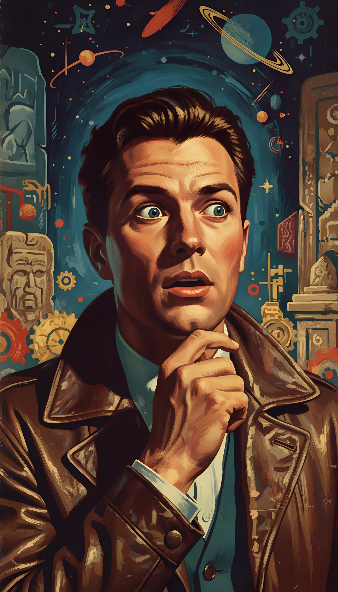 An illustrated man looking upwards against a patterned backdrop.