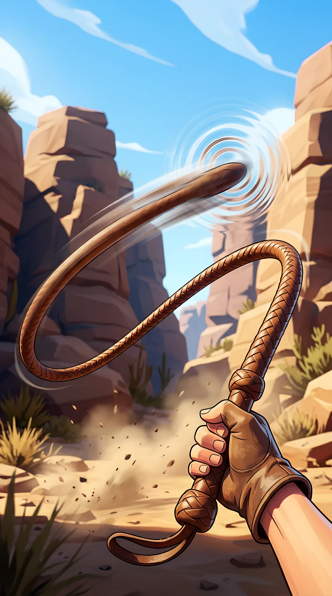 A hand cracking a whip in a rocky canyon.