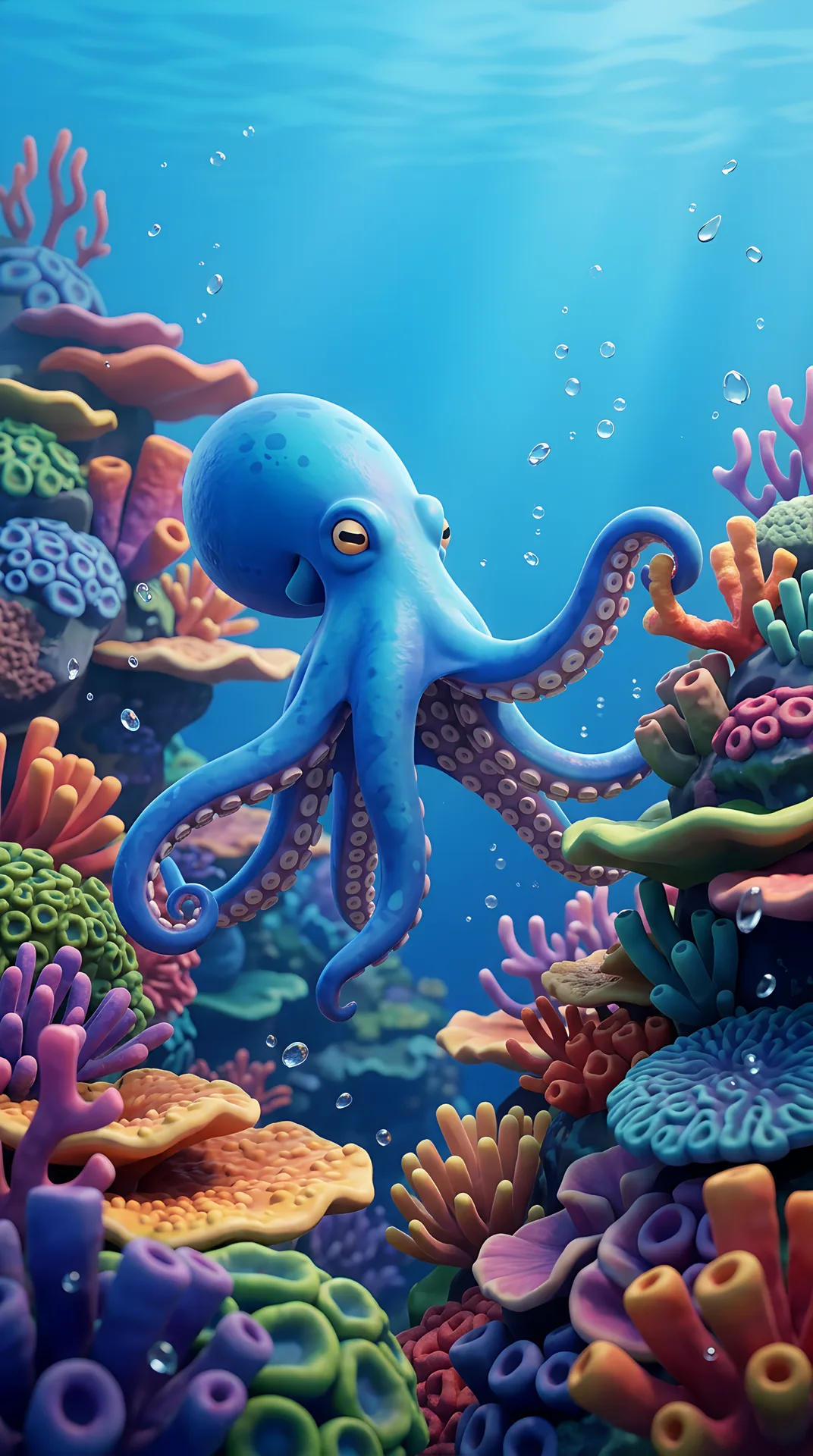 A blue cartoon octopus swimming above a coral reef.