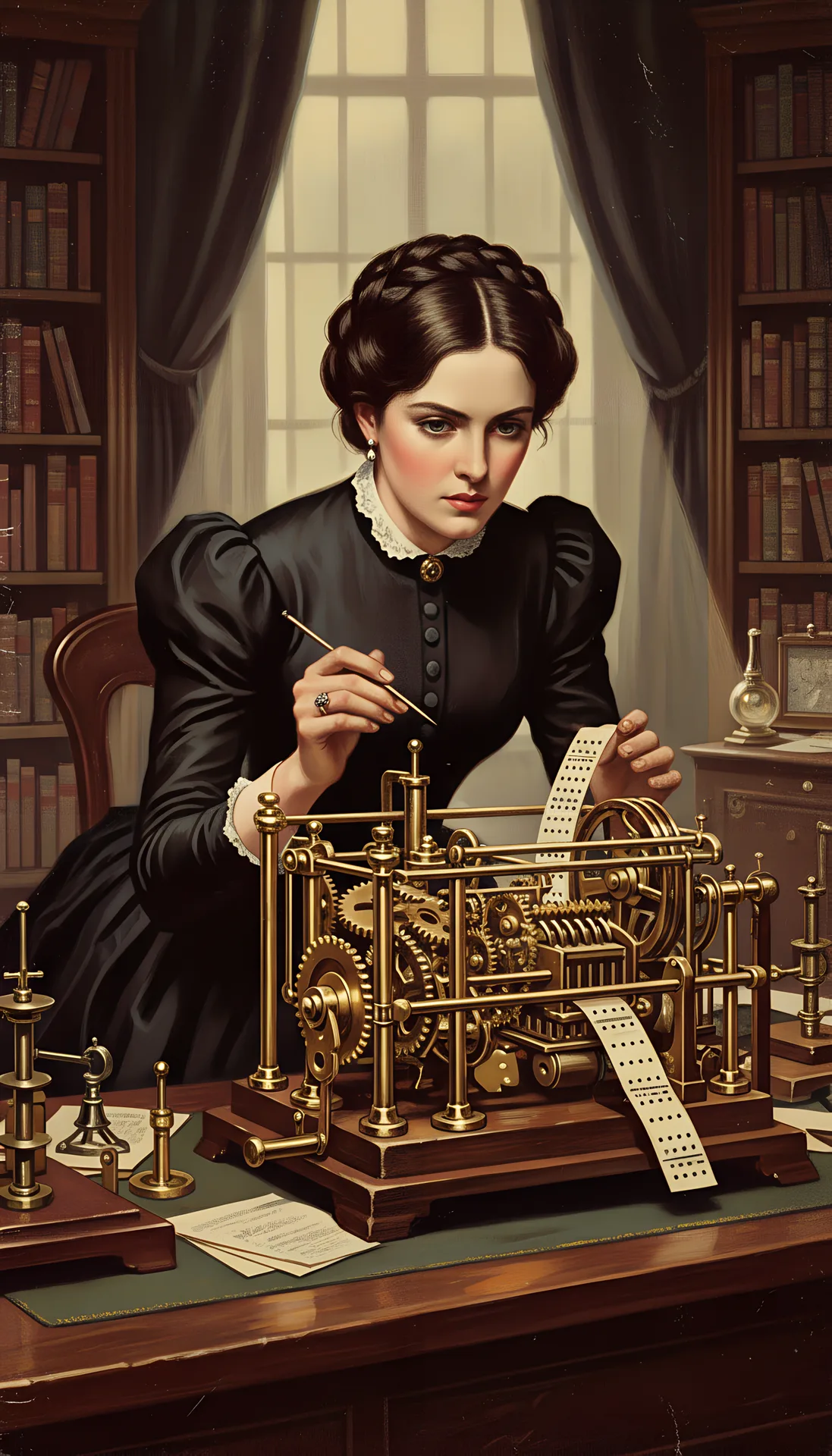 A woman studying a brass mechanical calculating device.