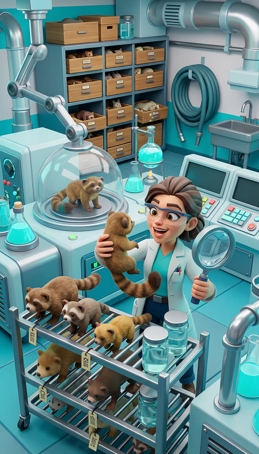 A cartoon scientist working with equipment and specimens in a laboratory.
