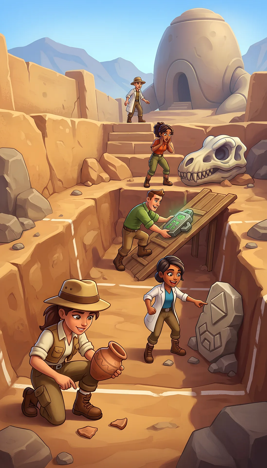 Cartoon explorers examining artefacts at an ancient excavation site.