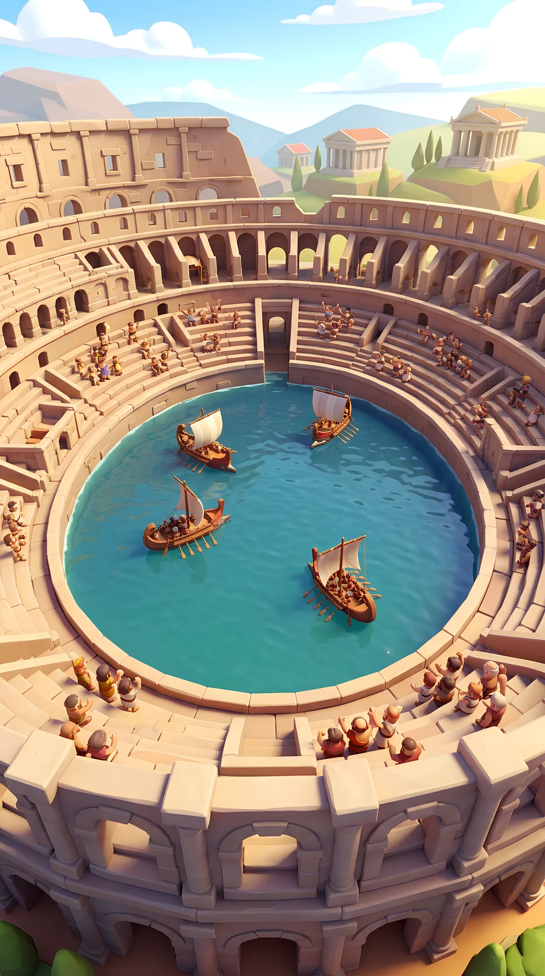 An illustrated Roman amphitheatre filled with water and small boats.