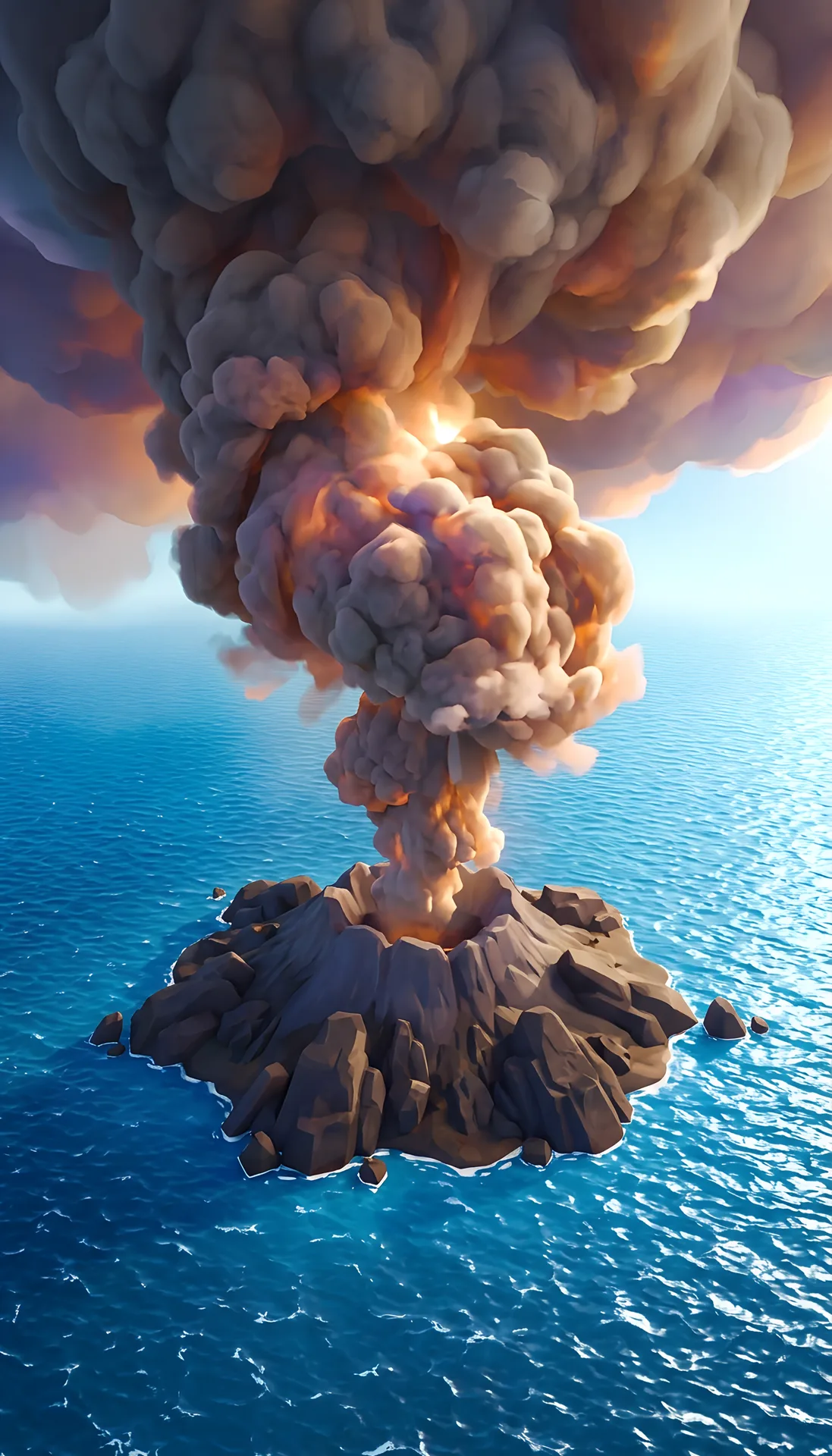 A volcano erupting from a rocky island in the sea.