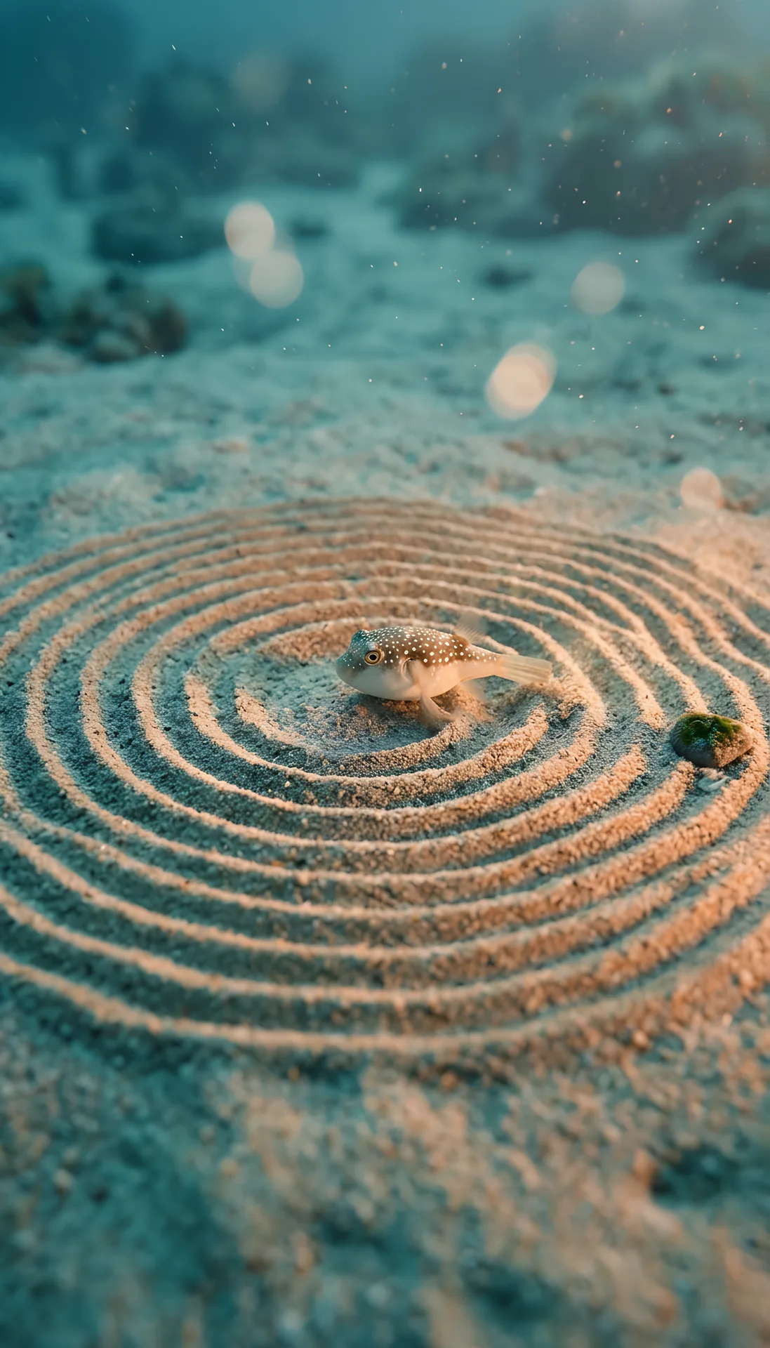 A circular pattern with radiating ridges in sand on the seabed.